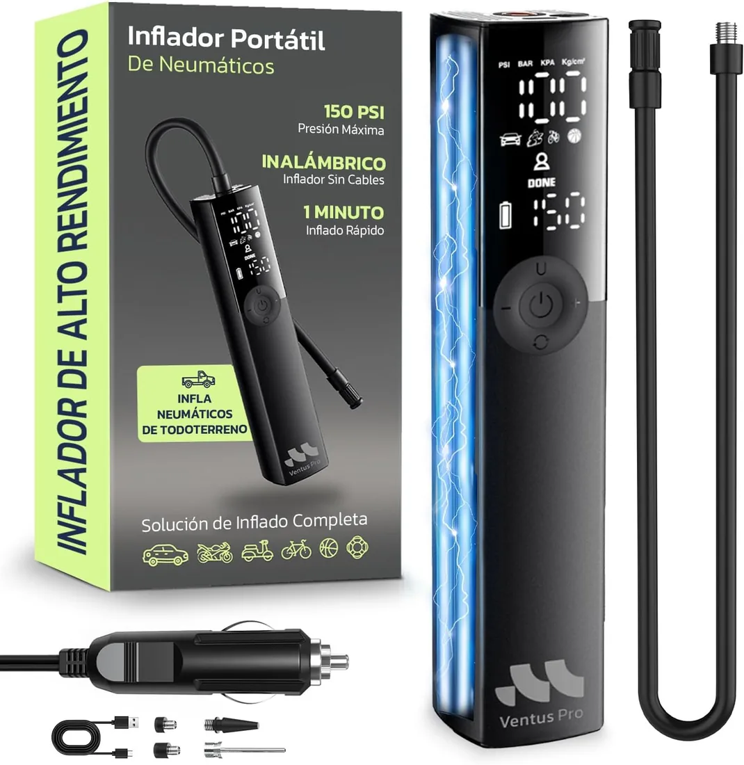 Woowind Ventus Pro Compresor de Aire Portátil para Coche, Bici, Moto, SUV y Pickup - Inflador Eléctrico de Neumáticos, 150 PSI, Uso Inalámbrico o con Cable 12V DC, Apagado Automático y Linterna LED foto 3