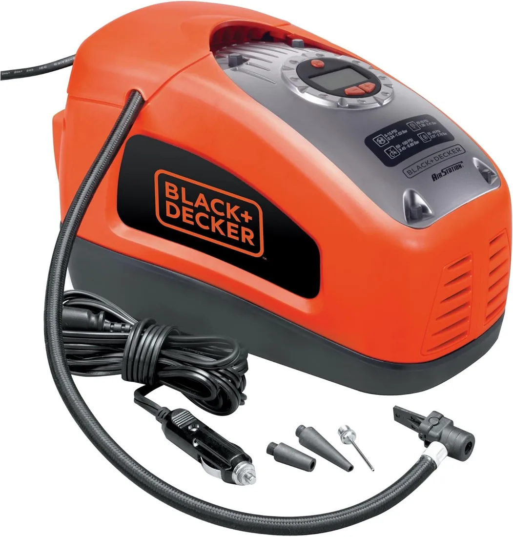 BLACK+DECKER Compresor de Aire Inflador con Cable, Potencia 160 PSI, Alimentación eléctrica 230V o corriente de coche CC 12V, Ajuste Digital de Presión, Auto-Apagado, ASI300-QS