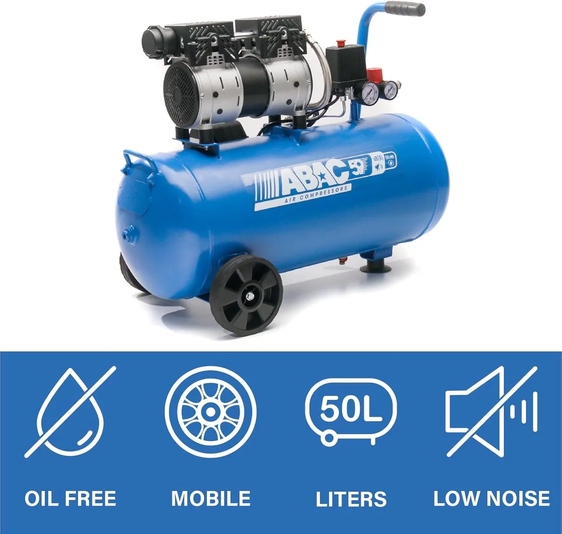Compresor de aire silencioso ABAC EASE-AIR 50, compresor de aire sin aceite, presión máxima 8 bar, potencia 1 hp, Depósito 50 litros, Nivel sonoro 59 dB foto 2