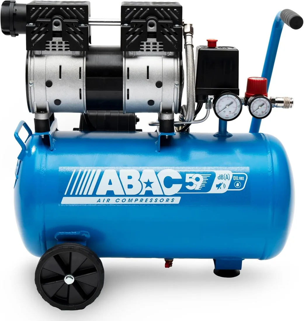 Compresor de aire silencioso EASE-AIR 24 de ABAC, compresor de aire sin aceite, presión máxima 8 bar, potencia 1 hp, Depósito 24 litros, Nivel sonoro 59 dB
