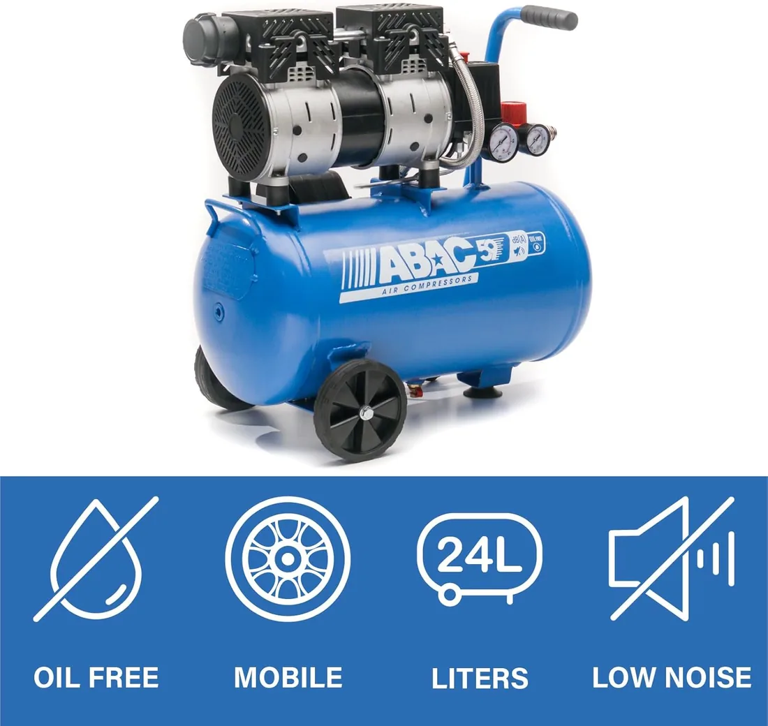 Compresor de aire silencioso EASE-AIR 24 de ABAC, compresor de aire sin aceite, presión máxima 8 bar, potencia 1 hp, Depósito 24 litros, Nivel sonoro 59 dB foto 2