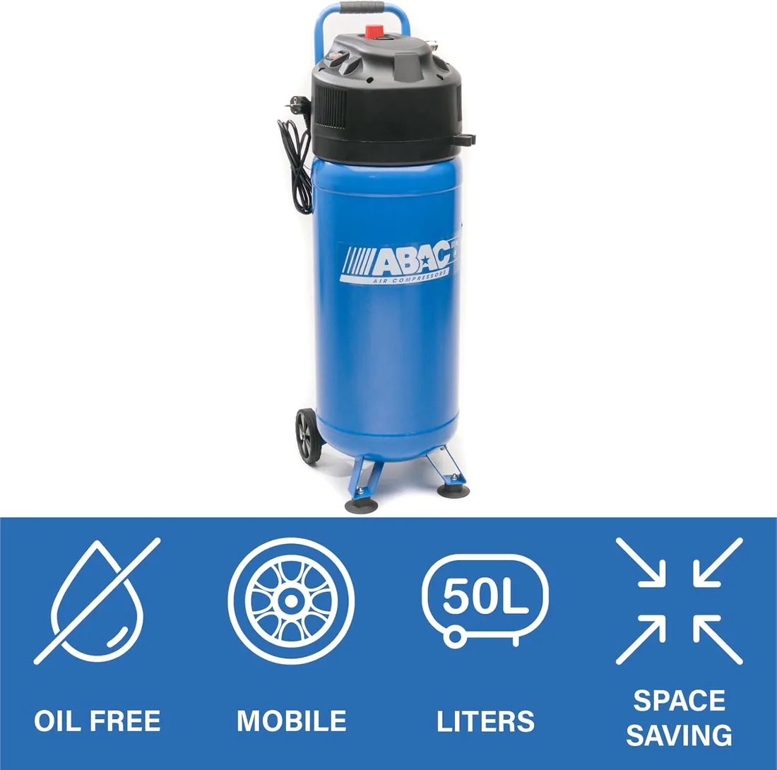 Compresor de aire vertical ABAC EASE-AIR 50V, Compresor de aire sin aceite, Presión máxima 10 bar, Potencia 2 hp, Depósito 50 litros, Nivel sonoro 97 dB (A) foto 2