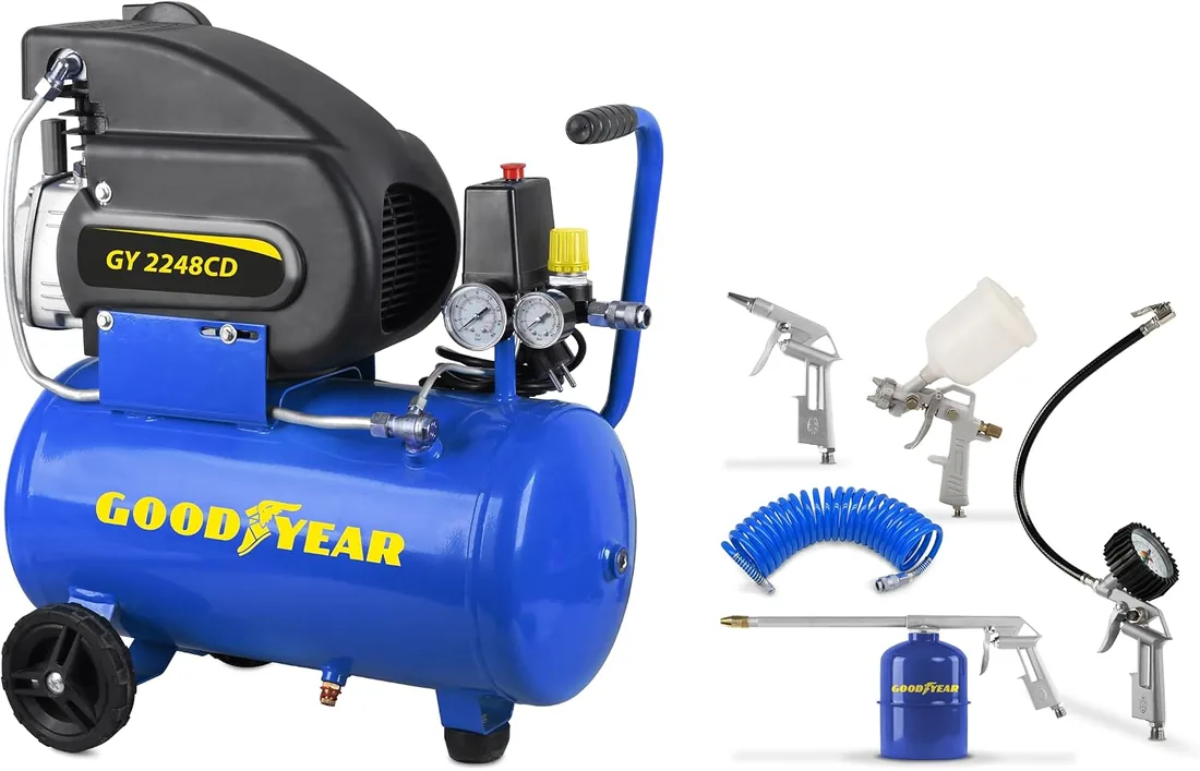 Goodyear – Compresor de Aire 24L 2HP 8 Bar 188 L/min con Kit 5 Accesorios (Inflado, Soplado, Pintura, Petroleado, Manguera 5 m) – Eléctrico Portátil para Bricolaje y Taller