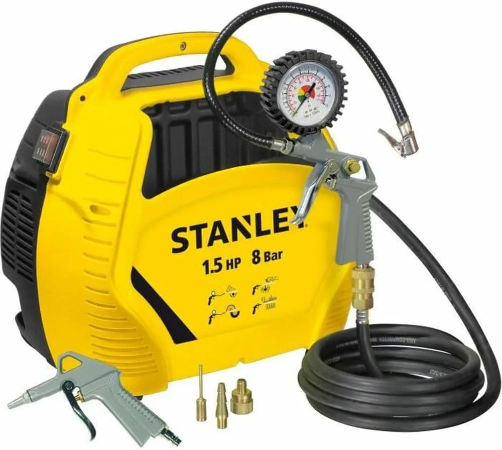 Stanley Compresor Aire 8 Bar - Compresor de Aire Portatil Sin Aceite con Herramientas Neumáticas - Set de Compresor Incluye Manguera de Aire de 3M, Pistola de Aire con Manómetro y 3 Boquillas