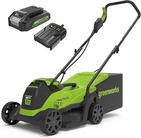 Greenworks Cortacésped de batería GD24LM33K2 (Li-Ion 24V 33cm ancho corte hasta 280m² 30L recogedor de hierba 5 veces ajuste altura corte central 25-75mm Incluye batería de 2Ah y cargador) foto 2