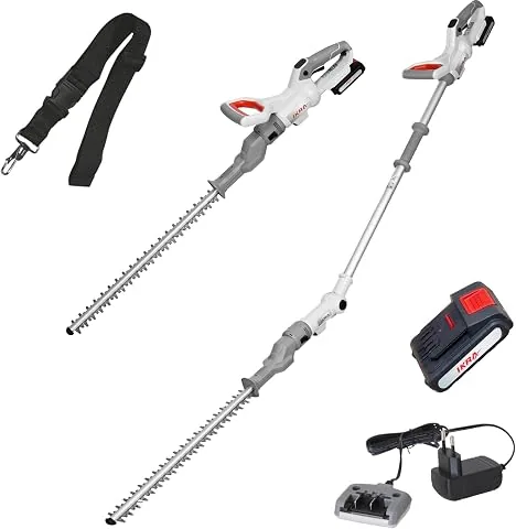 IKRA Cortasetos a batería 2en1 ICPH 2050 con Barra telescópica | Incluye batería de 20V 2Ah y cargador, 2 en 1: conversión