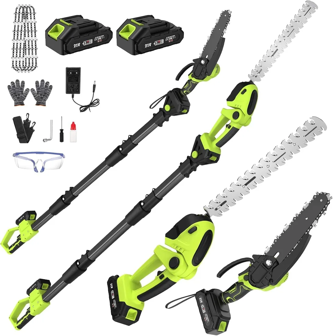 Motosierra y Cortasetos Batería con Pértiga Telescópico Verde | 4 en 1 Herramientas Jardín con 4 Cade