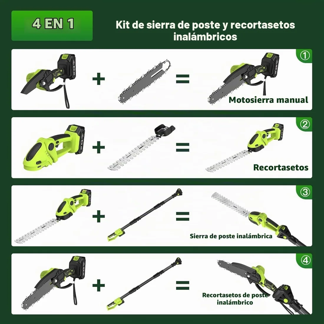 Motosierra y Cortasetos Batería con Pértiga Telescópico Verde | 4 en 1 Herramientas Jardín con 4 Cade foto 2