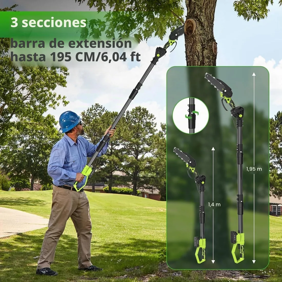 Motosierra y Cortasetos Batería con Pértiga Telescópico Verde | 4 en 1 Herramientas Jardín con 4 Cade foto 3