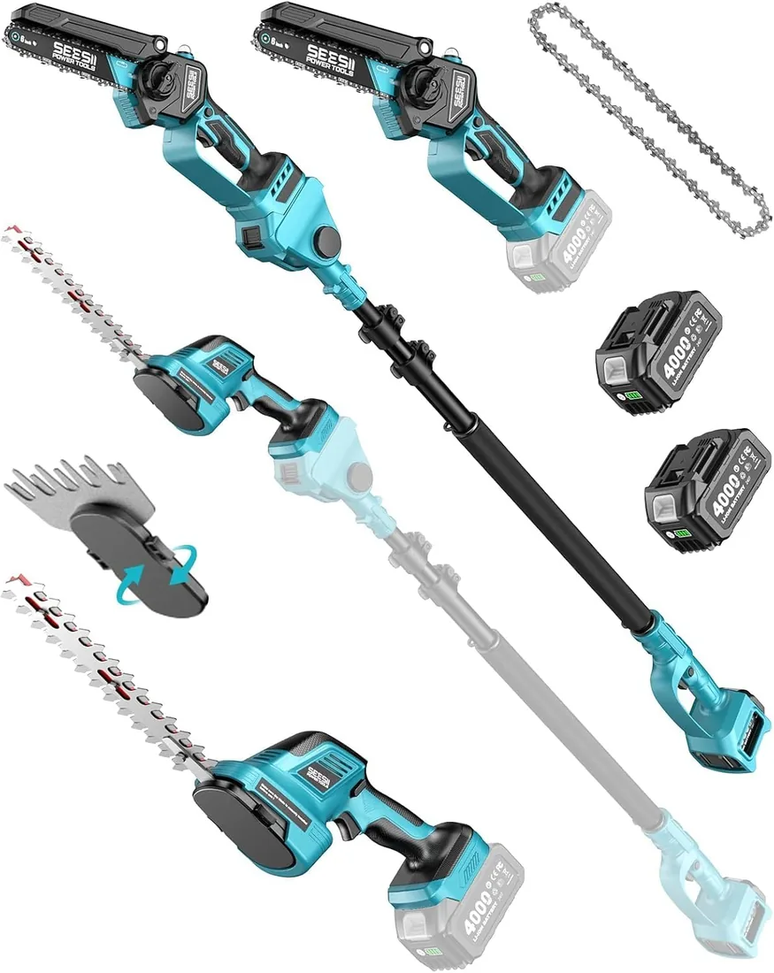 SEESII 6-en-1 Cortasetos Telescopico Bateria, 6 Pulgadas Mini Motosierra | Cortasetos Electrico con P