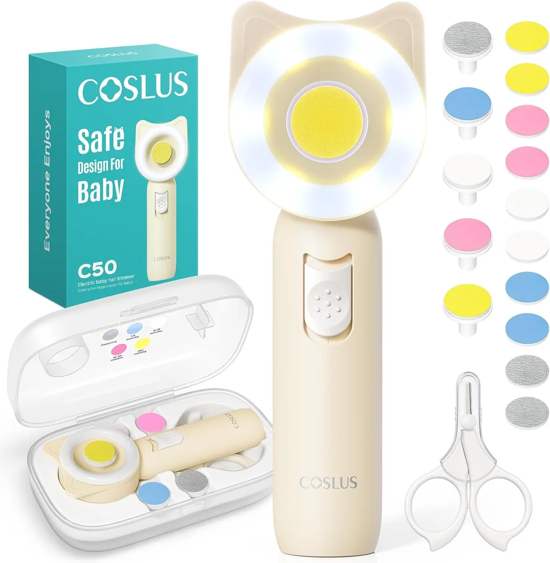 COSLUS C50 lima eléctrica para bebé con luz LED 360°, set 16 en 1 para recién nacidos, manicura y pedicura infantil, silenciosa, ideal para casa y viajes, Avena foto 2