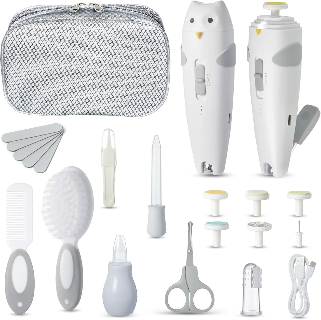 Lictin Kit Higiene Bebe-25 en 1 Ecargable Lima Electrica Uñas Bebe Set | Lima uñas bebe con iluminación automática, Portátil Kit de Aseo para Bebés, ¡gran idea de regalo(Gris) foto 3