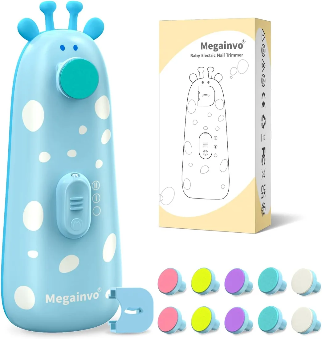 Megainvo Lima de Uñas para Bebés- Cortauñas Electricas con 10 Cabezales de Molida,LED Luz,1 Cubierta de Anti-Polvo para Recién Nacidos y Niños Pequeños,Azul foto 2