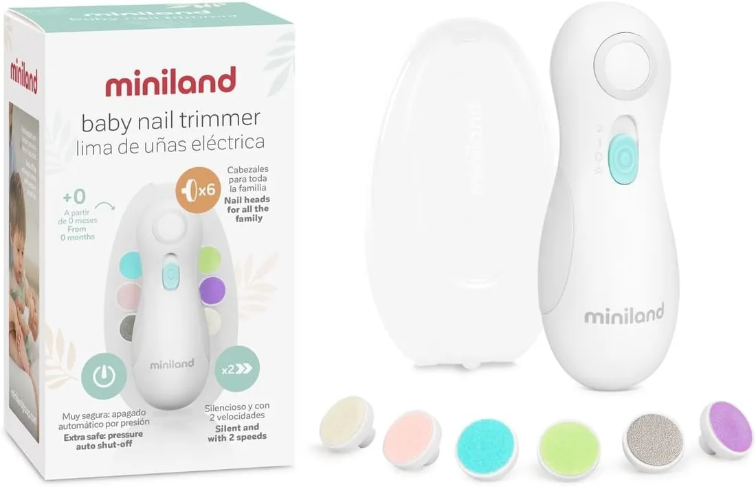 Miniland lima de uñas eléctrica para bebé - Baby Nail Trimmer | Autoapagado, motor silencioso, 6 cabezales intercambiables, estuche de transporte, apta desde el nacimiento, color blanco foto 3