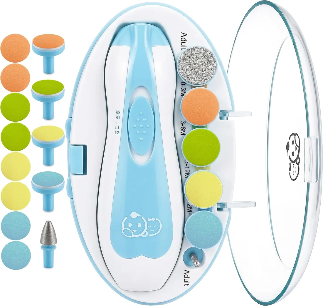 Royal Angels Lima de Uñas Eléctrica para Bebé 21 en 1 con Estuche Rotulado, 13 Almohadillas de Repuesto Extra, Kit de Manicura Seguro para Recién Nacidos y Niños, Cortador Silencioso con Luz LED(azul)