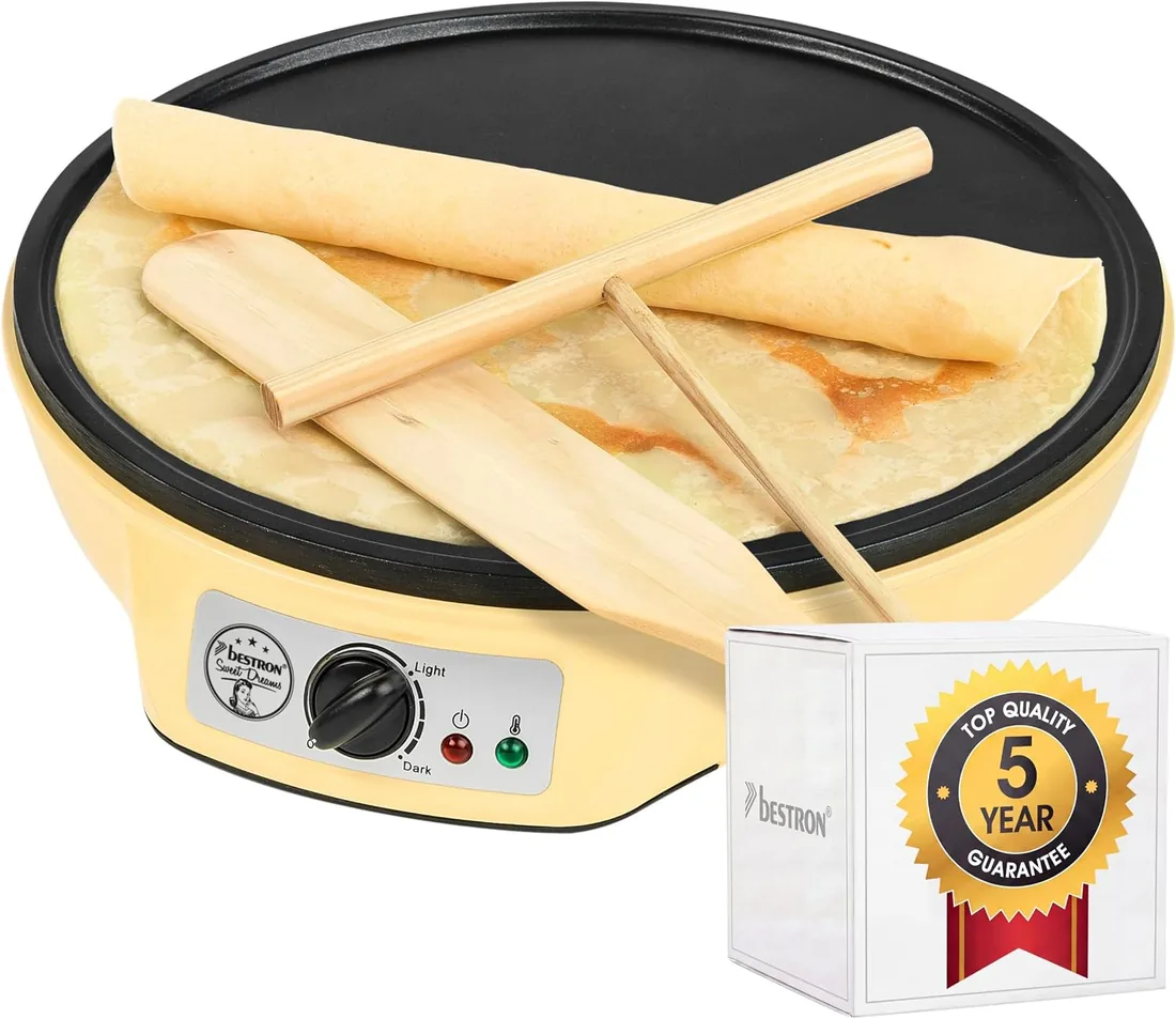 Bestron Crepera de diseño retro, Crepera electrica para crepes de Ø 30 cm, incl. esparcidor de masa y volteador de crepes, con revestimiento antiadherente, 1000 vatios, color: amarillo