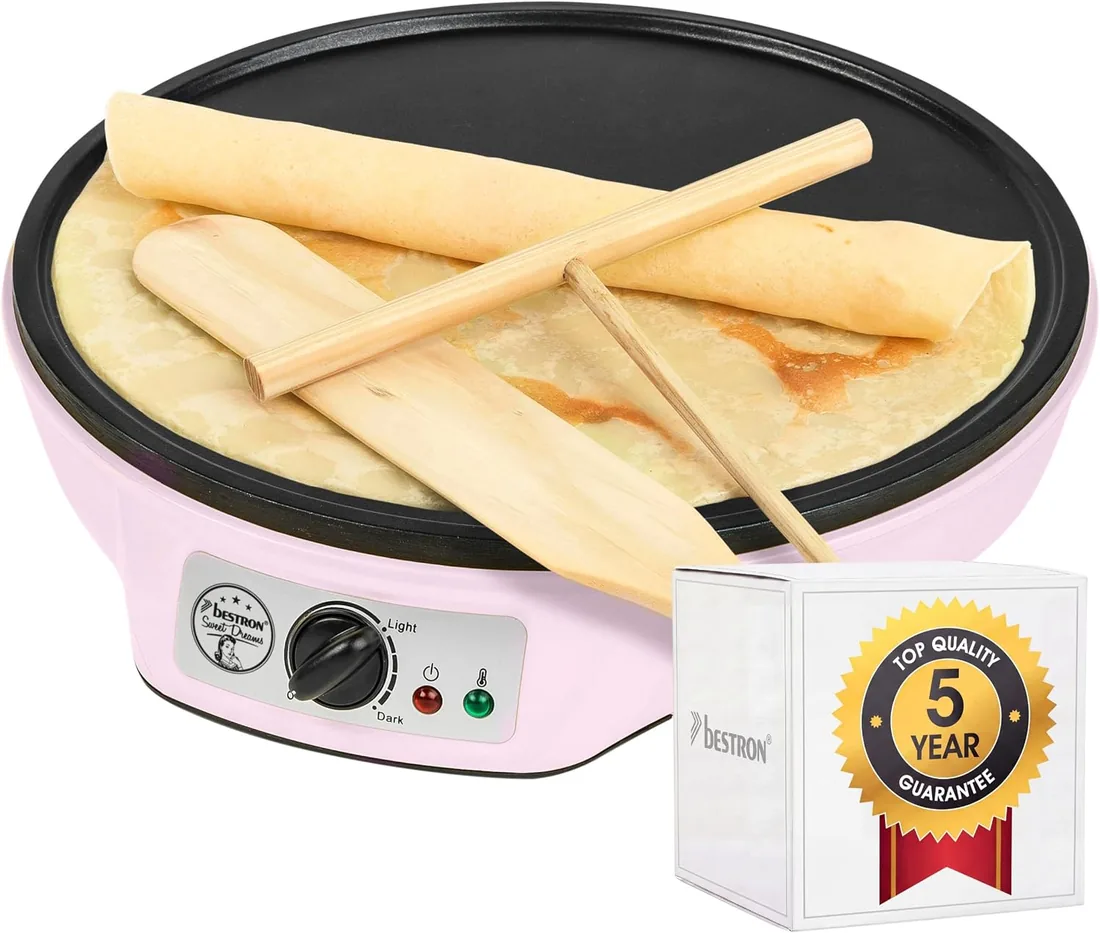 Bestron Crepera de diseño retro, Crepera electrica para crepes de Ø 30 cm, incl. esparcidor de masa y volteador de crepes, con revestimiento antiadherente, 1000 vatios, color: rosa