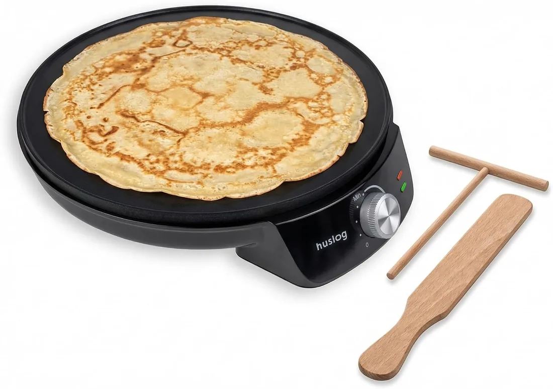 Crepera Eléctrica 1200W, Placa Antiadherente Ø29 cm con Borde Elevado, Temperatura Regulable, Incluye Rodillo Espaciador y Espátula de Madera, Ideal para Crêpes, Tortitas, Tacos y Más foto 2