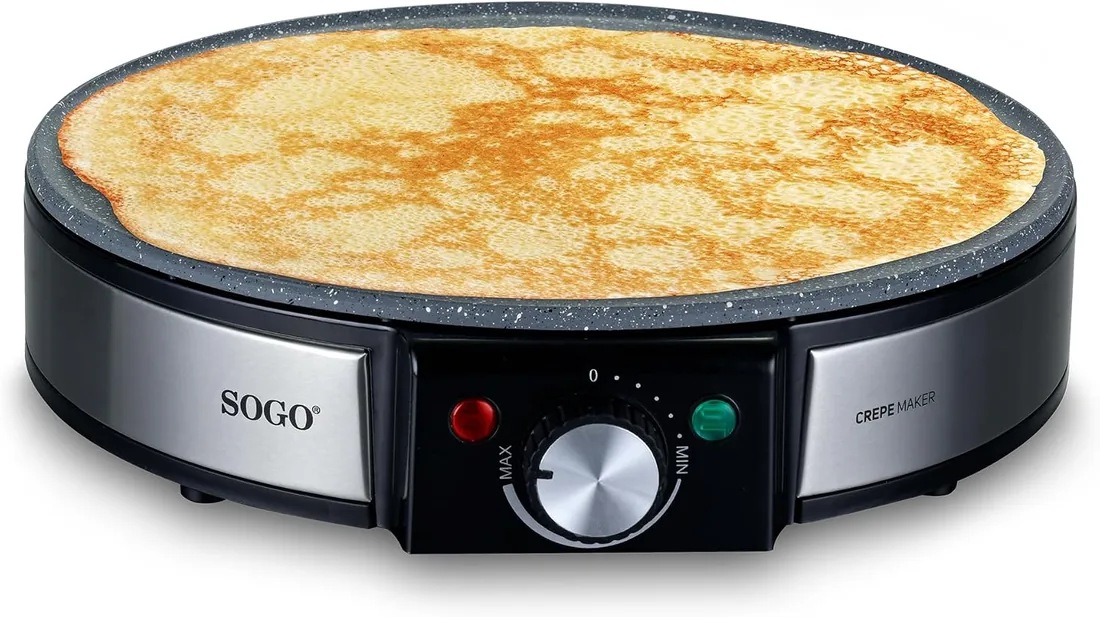 SOGO Crepera Eléctrica Antiadherente 1200W y 30 cm, 5 Niveles de Temperatura, Termostato Ajustable, Sin PFOA, Plancha para Crepes, Tortitas y Pancakes, Ideal para Desayunos, Postres y Cocina en Casa