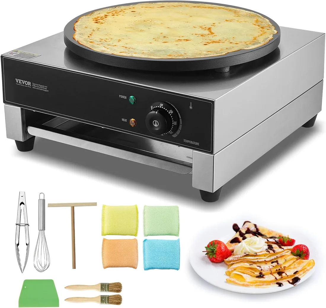 VEVOR Máquina para Crepes Comercial de Placa Plana de 3000 W, Acero Inoxidable Antiadherente, Estufa Circular de Escritorio para Panqueques y Cereales con Control de Temperatura, 435 x 455 x 225 mm