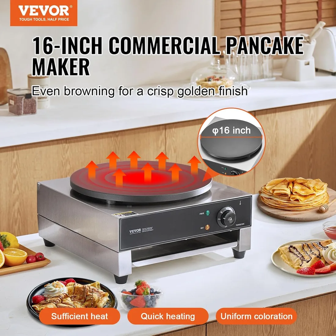 VEVOR Máquina para Crepes Comercial de Placa Plana de 3000 W, Acero Inoxidable Antiadherente, Estufa Circular de Escritorio para Panqueques y Cereales con Control de Temperatura, 435 x 455 x 225 mm foto 2