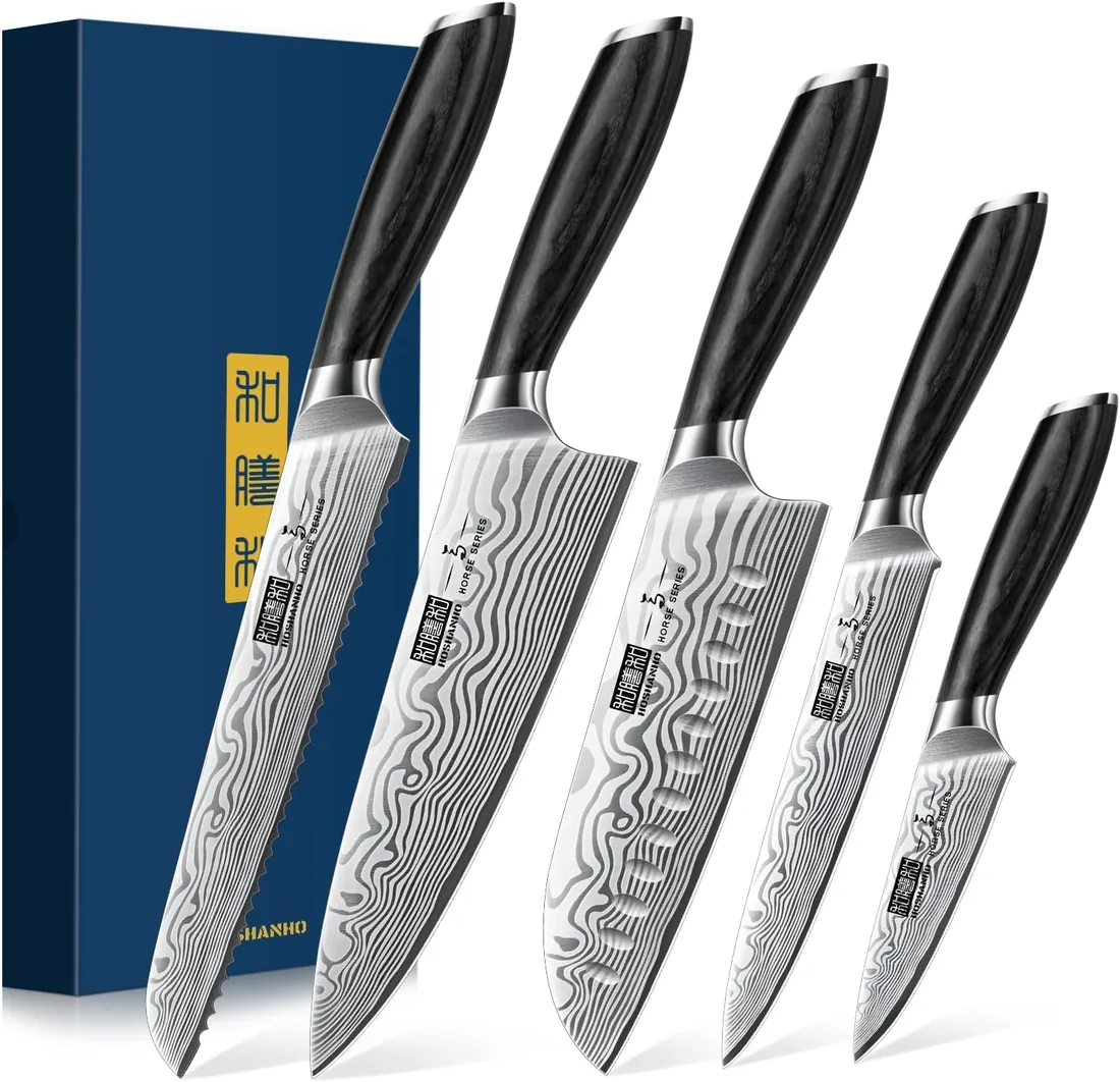 HOSHANHO Juego de Cuchillos de Cocina 5 Piezas, Juego de Cuchillos de Chef | Set de Cuchillos de Cocina Japoneses Profesional Ultra Afilados de Acero en Polvo con Mango de Pakkawood