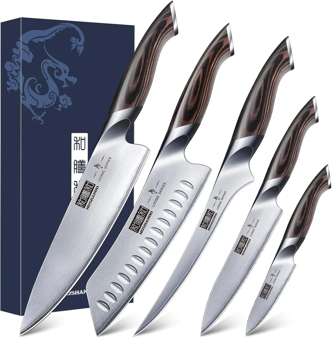 HOSHANHO Juego de Cuchillos de Cocina 5 piezas, Juego de Cuchillos Japones | Juego de Cuchillos de Chef de Acero Inoxidable de Alto Carbono Profesionales Ultra Afilados con Mango Ergonómico foto 3