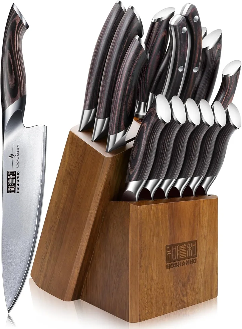 HOSHANHO Juego de Cuchillos de Cocina de 16 Piezas de Japoneses Super Steel | Juegos de Cuchillos de Chef Profesional con Mango Ergonómico de Madera de Pakka Ultra Afilado con Bloque y Tijeras
