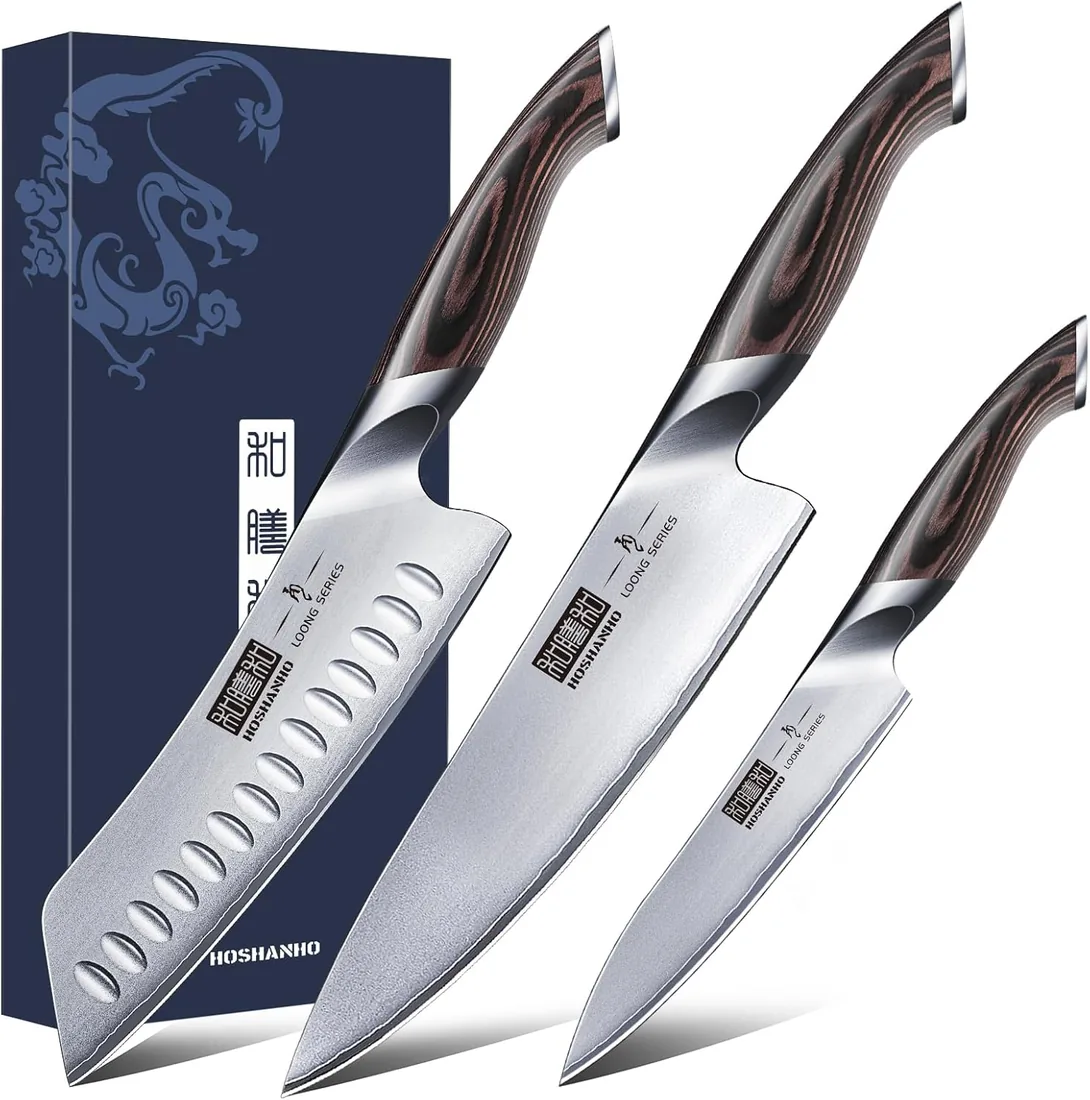 HOSHANHO Juego de Cuchillos de Cocina, Juego de cuchillos de 3 piezas | Juego de Cuchillos de Chef de Acero Inoxidable con Mango Ergonómico de Madera de Pakka