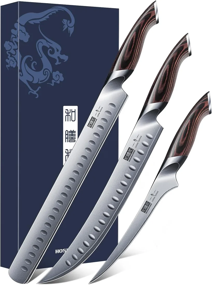 HOSHANHO Juego de Cuchillos Jamoneros de 3 piezas, Cuchillos Japonés | Juego de Cuchillos Para Cortar Pechuga de Acero con Alto Contenido de Carbono y Mango Ergonómico de Madera de Pakkawood foto 2