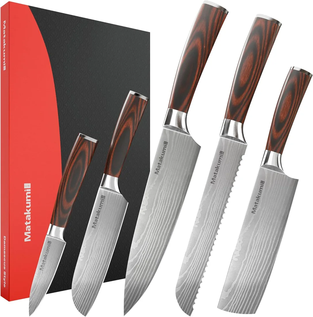 Matakumi juego de cuchillos de cocina con diseño damasco grabado, hojas afiladas de acero al carbono con mangos ergonómicos para uso duradero, juego de 5 piezas set de cuchillos de cocina profesional foto 3