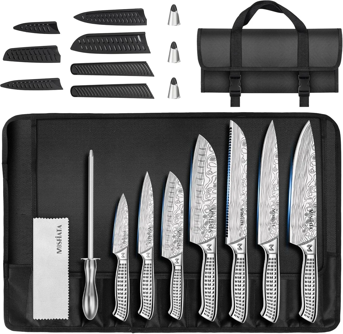 MOSFiATA Juego de Cuchillos de Cocina Profesional con Cuchillo Afilado e Fundas para Cuchillos para Camping, Barbacoa, Picnic