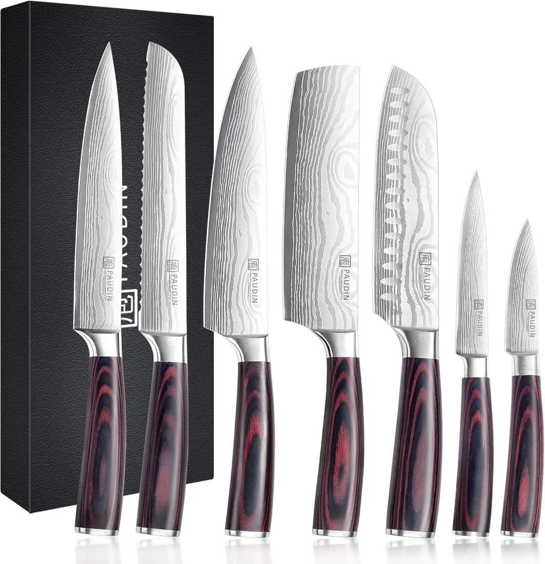 PAUDIN Juego de Cuchillos de Cocina Profesional, Set de 7 Cuchillos Japoneses Acero Inoxidable, Cuchillos Chef Santoku Universal para Cortar Carne Verduras Pan Queso foto 3