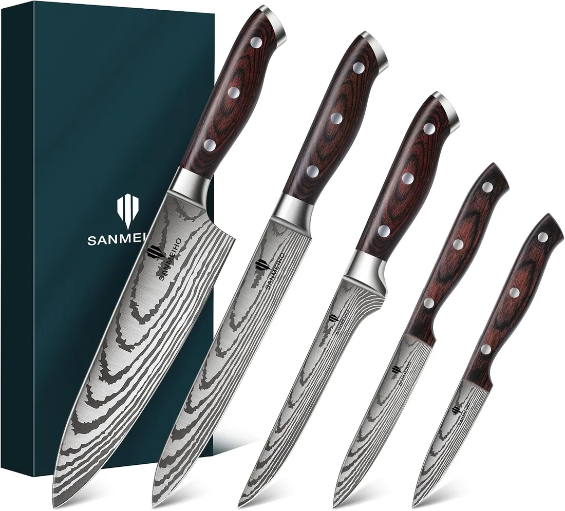 SANMEIHO Juego de 5 Cuchillos de Cocina Japoneses para Chef | Hoja Afilada de Acero Inoxidable, Mango Ergonómico de Pakkawood, Caja de Regalo