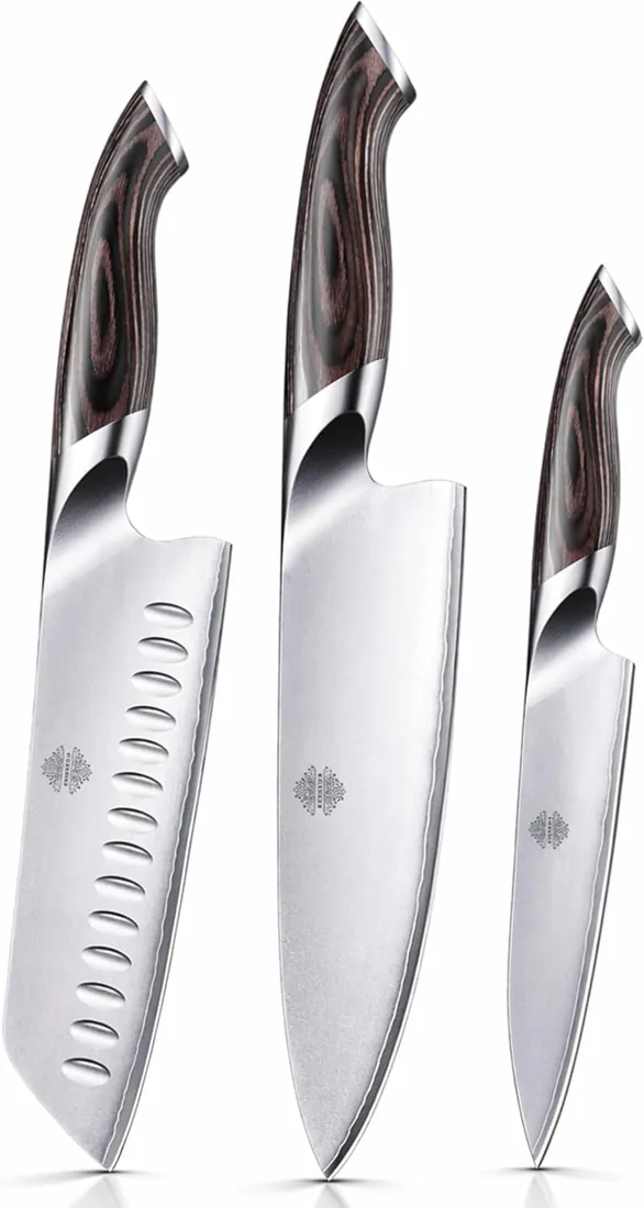 Set de cuchillos de cocina con tabla de acacia – regalo premium original para hombre y mujer – cuchillo chef, santoku y multiusos – acero inoxidable