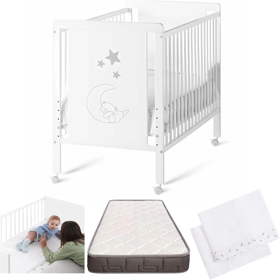 Cuna Colecho de Bebé, Colchón Morfeo Sábanas y 4 Ruedas | Indi CoolDreams | Estilo nórdico infantil. Kit colecho, 4 ruedas y sábanas 100% algodón incluidos. Colchón HR certificado Oeko-Tex.