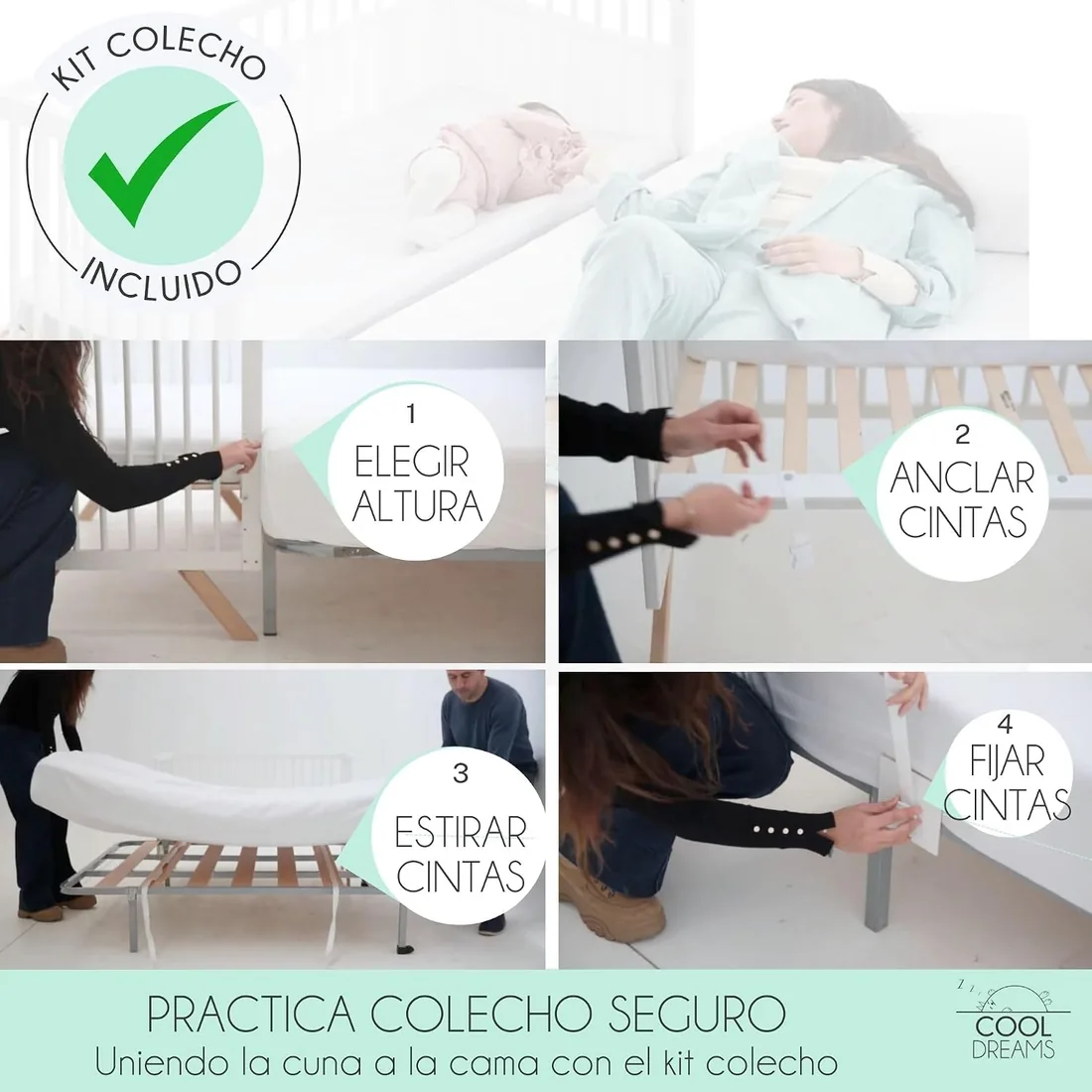 Cuna Colecho de Bebé, Colchón Morfeo Sábanas y 4 Ruedas | Indi CoolDreams | Estilo nórdico infantil. Kit colecho, 4 ruedas y sábanas 100% algodón incluidos. Colchón HR certificado Oeko-Tex. foto 2
