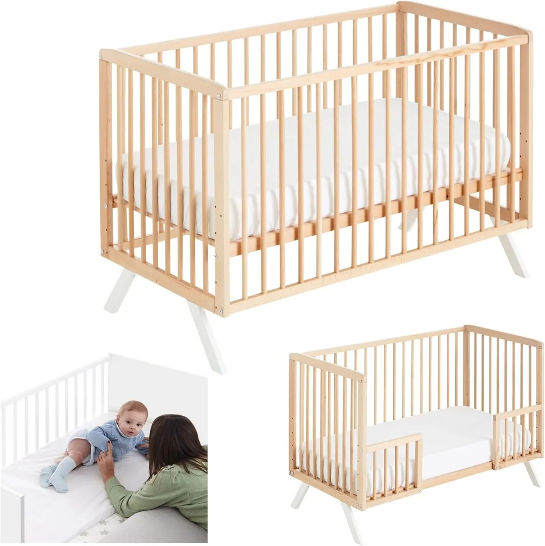 Cuna Colecho Evolutiva 60x120 cm, Barandillas Naturales | Koala CoolDreams | Estilo nórdico natural. Madera de haya. Barandillas incluidas para convertirla en cama infantil.