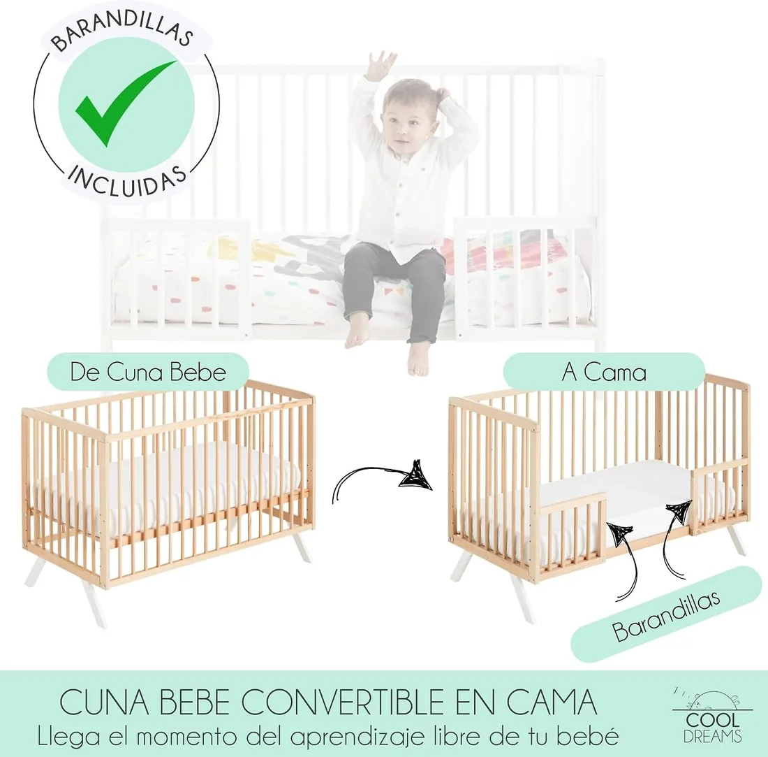 Cuna Colecho Evolutiva 60x120 cm, Barandillas Naturales | Koala CoolDreams | Estilo nórdico natural. Madera de haya. Barandillas incluidas para convertirla en cama infantil. foto 3