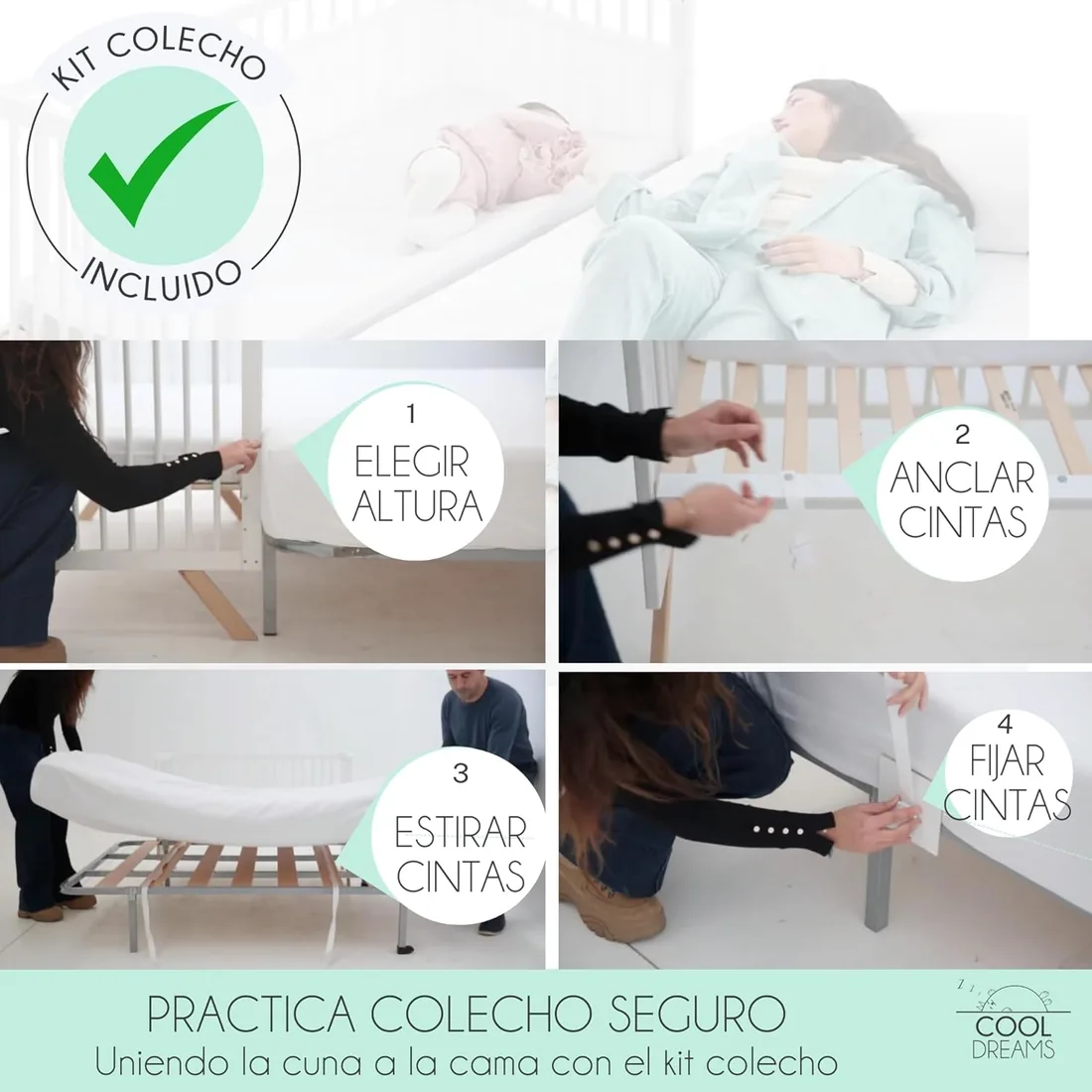 Cuna Colecho Madera para Bebé, Kit Colecho Incluido | Nuru CoolDreams | Estilo nórdico. Madera de haya. Se une a la cama de forma segura desde el nacimiento. Normativa europea. foto 2