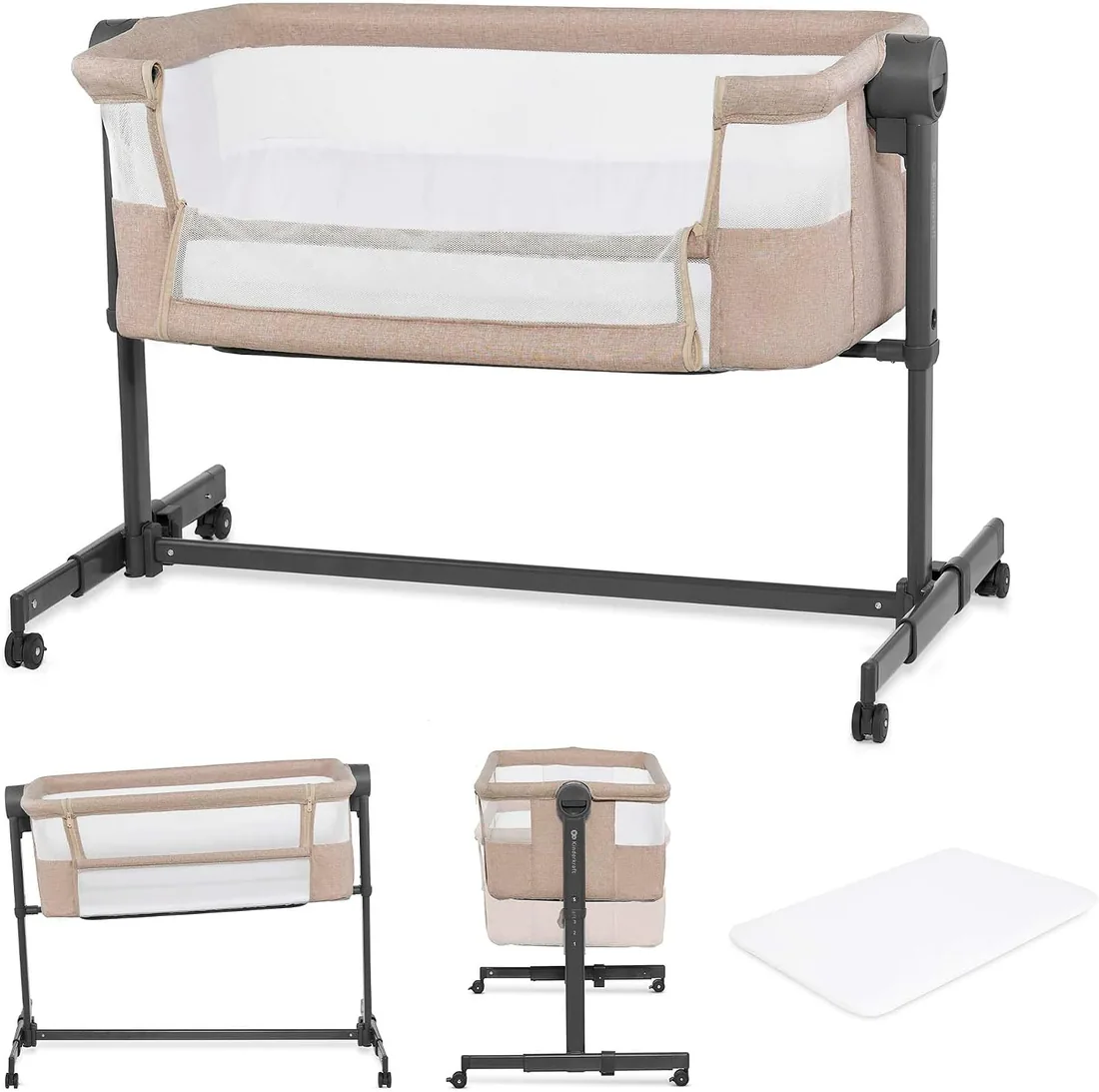 Kinderkraft Nestee UP 2 Cuna Colecho para Bebé con Colchón, Cuna de Cabecera, Fácil Ajuste de Cama de Padres, Ajuste de Altura, Buena Circulación de Aire, Ruedas transportarás, Beige foto 3