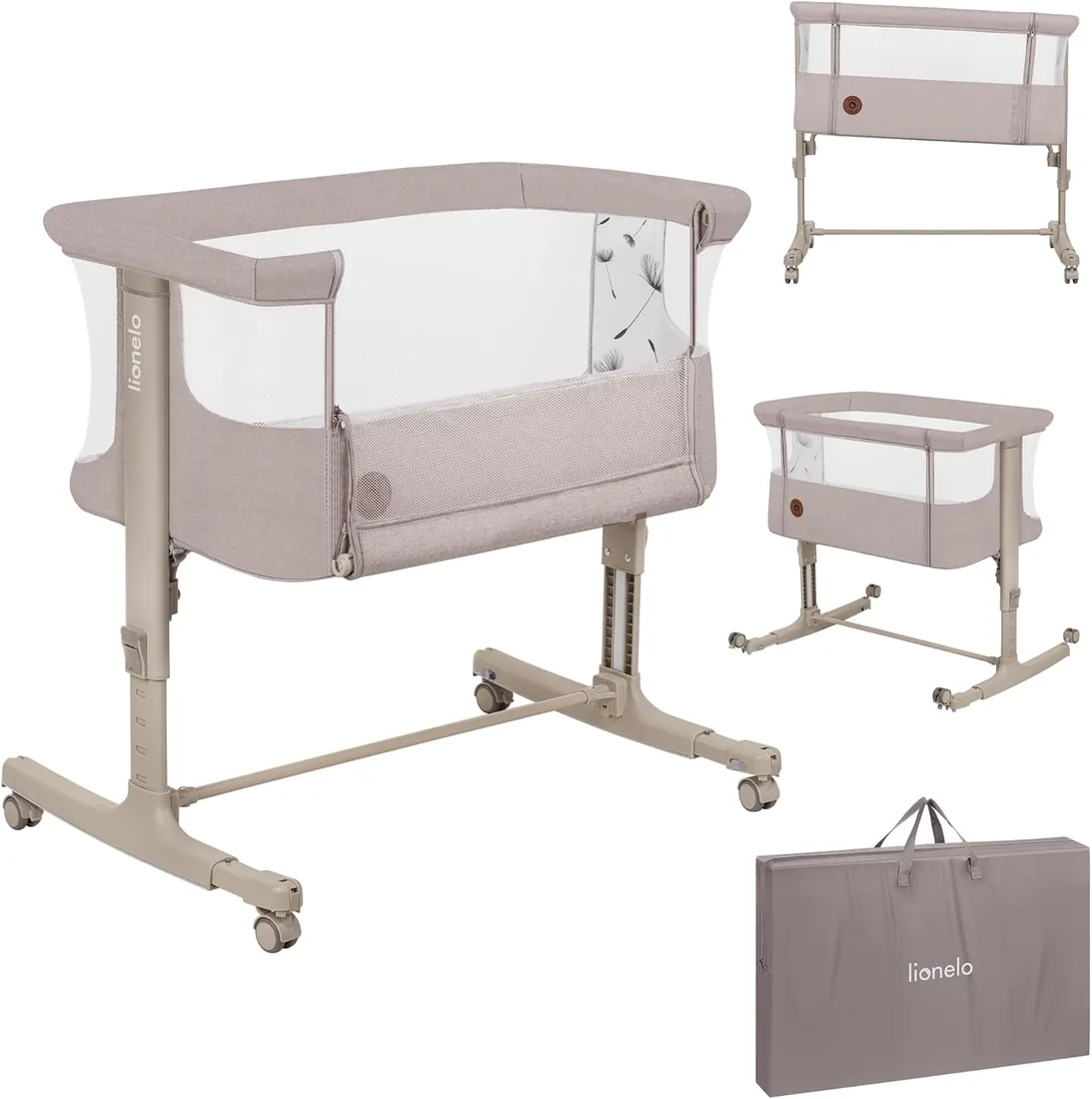 lionelo Aurora Cuna 3 en 1 hasta 9 kg, Cuna de colecho, Cama Mecedora, Ajuste de Altura e inclinación del colchón, 4 Ruedas con Freno, Colchón Ergonómico, Bolsa