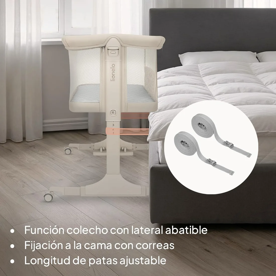 lionelo Pari Cuna 3 en 1 hasta 9 kg, Cuna de colecho, Cama Mecedora, Ajuste de Altura e inclinación del colchón, 4 Ruedas con Freno, Colchón Ergonómico, Malla Transpirable, Bolsa, Minicuna foto 3
