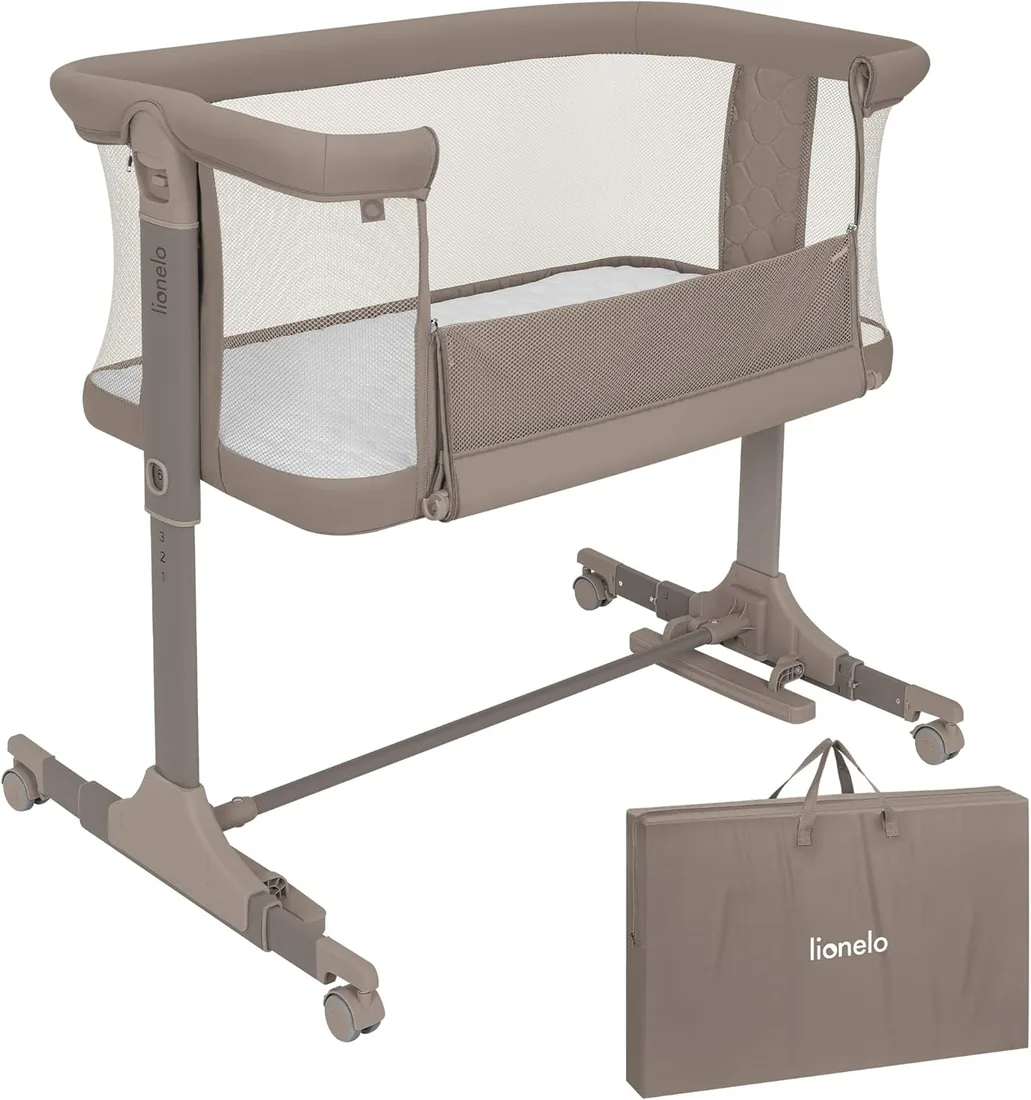lionelo Pari Cuna 3 en 1 hasta 9 kg, Cuna de colecho, Cama Mecedora, Ajuste de Altura e inclinación del colchón, 4 Ruedas con Freno, Colchón Ergonómico, Malla Transpirable, Bolsa, Minicuna