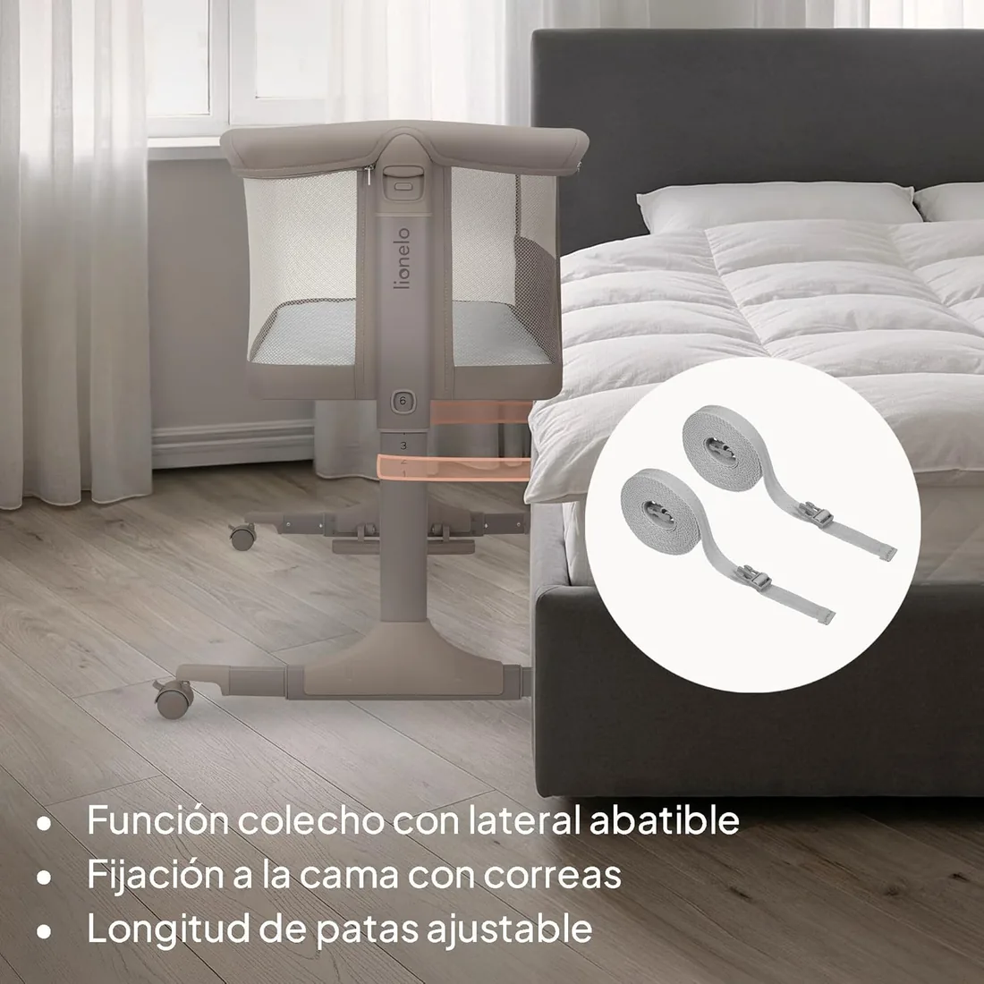 lionelo Pari Cuna 3 en 1 hasta 9 kg, Cuna de colecho, Cama Mecedora, Ajuste de Altura e inclinación del colchón, 4 Ruedas con Freno, Colchón Ergonómico, Malla Transpirable, Bolsa, Minicuna foto 3