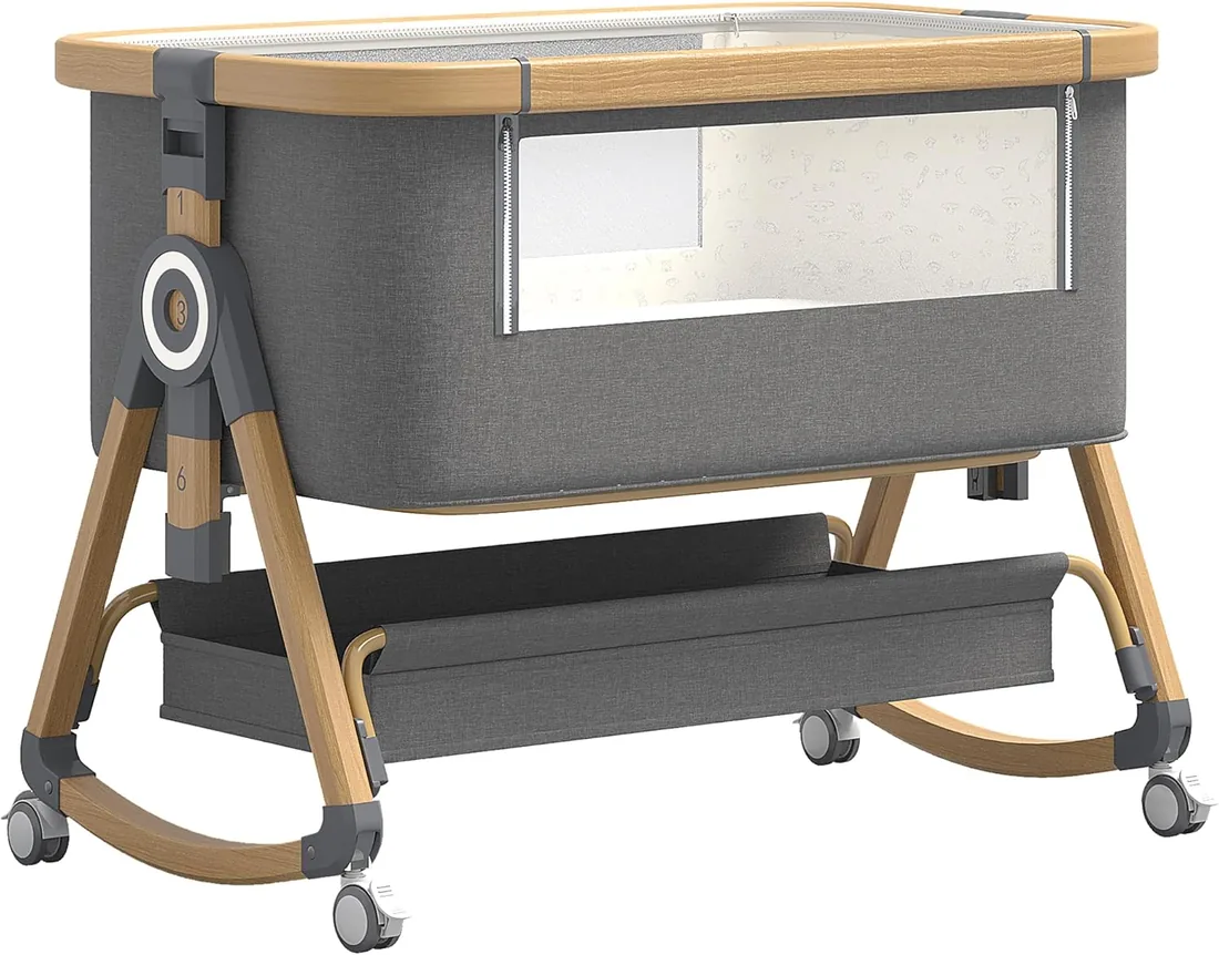YAZOCO Cuna 3 en 1, Cuna de colecho,Crib Mecedora, Ajuste de Altura e inclinación del colchón, 4 Ruedas con Freno, Colchón Ergonómico (Versión Superior Gris)