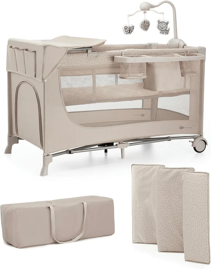 Kinderkraft Joy 2 Acc Cuna de Viaje 2 en 1 para Bebé de hasta 25 kg, Plegado rápido y fácil, Incluye Carrusel de Cuna con Juguetes, Estantes para pañales y Cambiador, Bolsa de Transporte, Beige foto 3