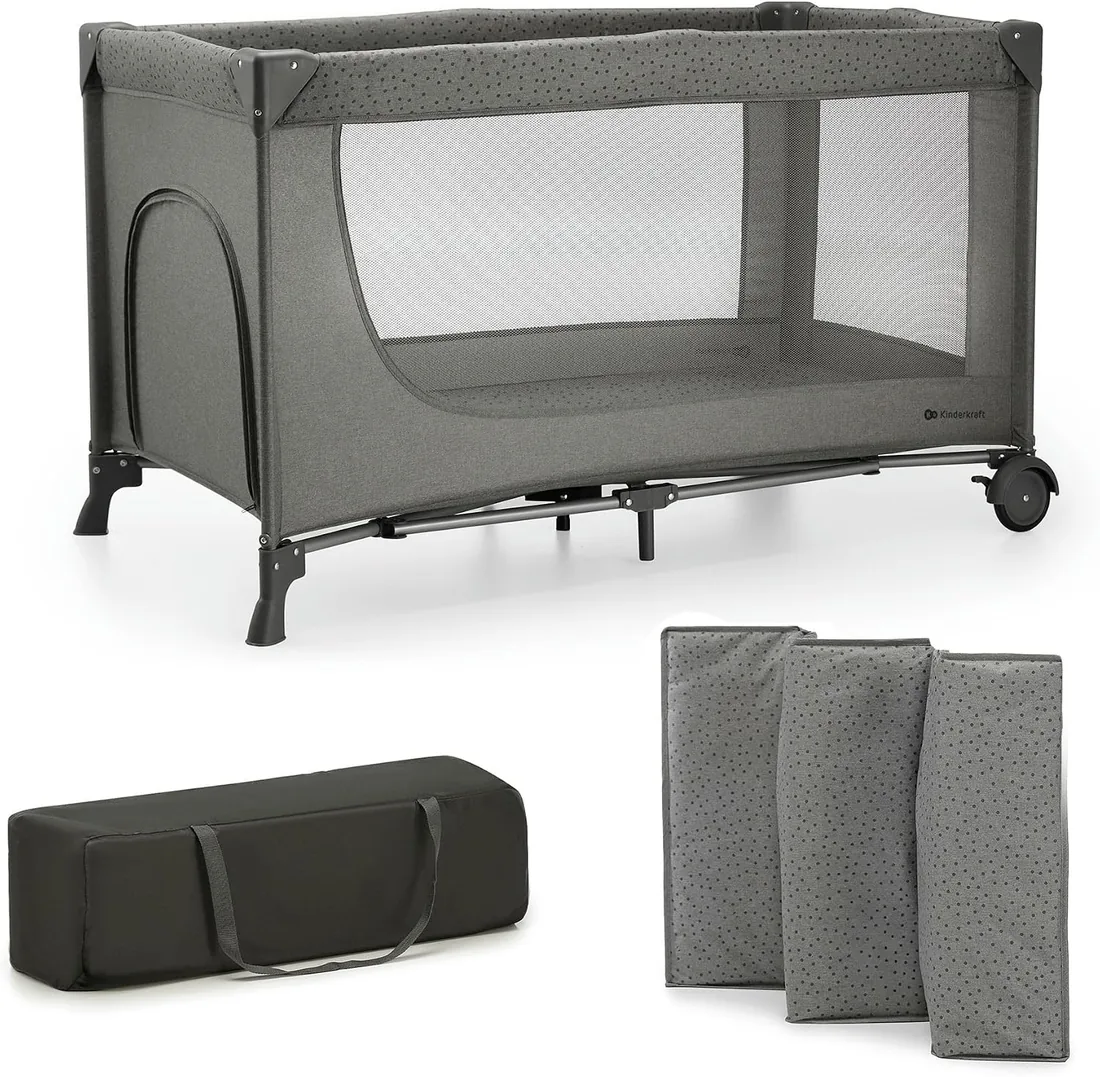 Kinderkraft Joy 2 Cuna de Viaje 3 en 1 para Bebé de hasta 25 kg, Plegado rápido y fácil, Entrada Lateral, Bolsa de Viaje, Gris