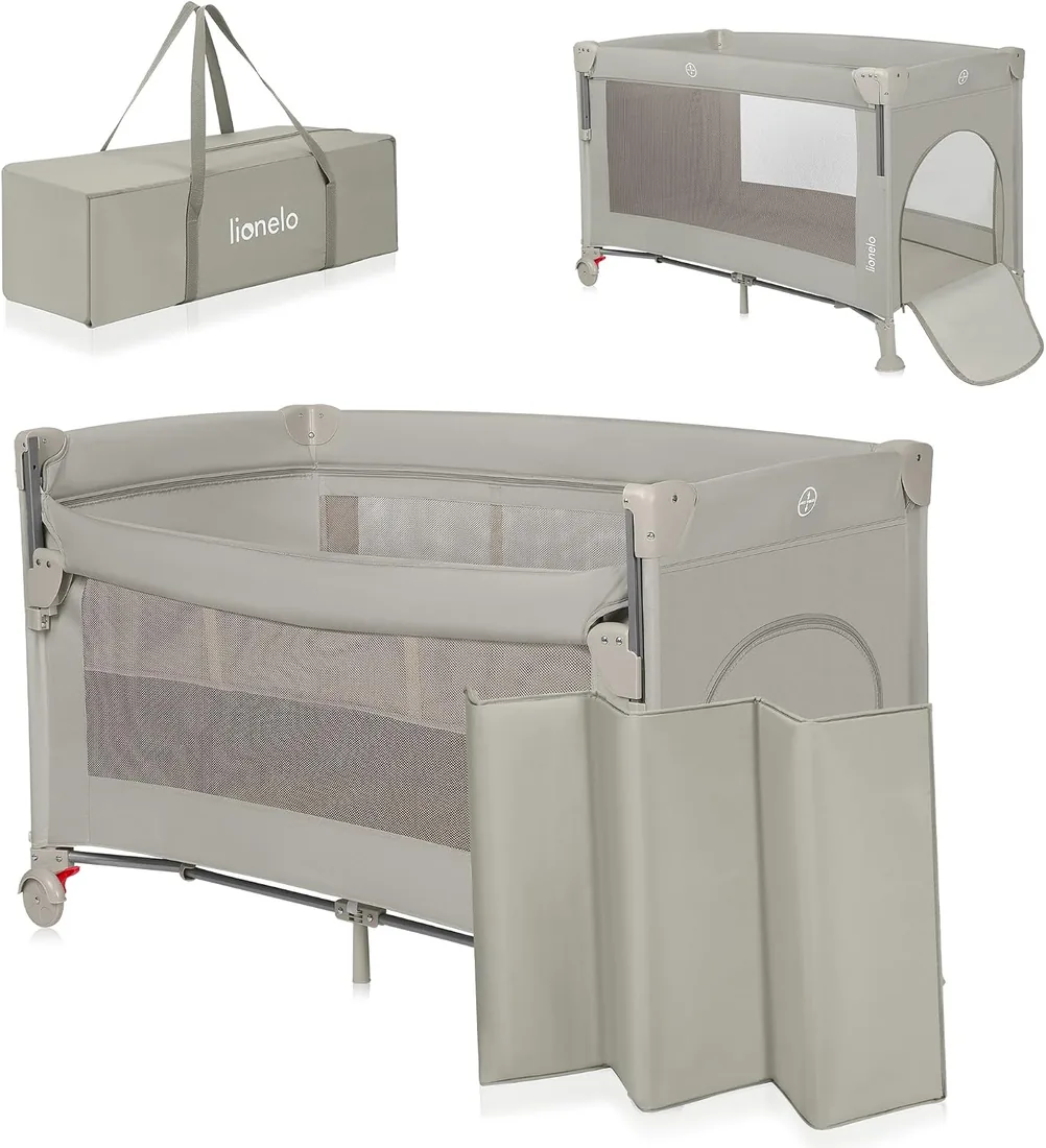 lionelo Ellen Cuna de Viaje 3 en 1 de 0 a 3 años, Cuna Colecho para Recién Nacidos y Mayores hasta 15 kg, 2 Alturas de Colchón, Correas de Amarre, Entrada Lateral con Cremallera, 2 Ruedas Bolsa
