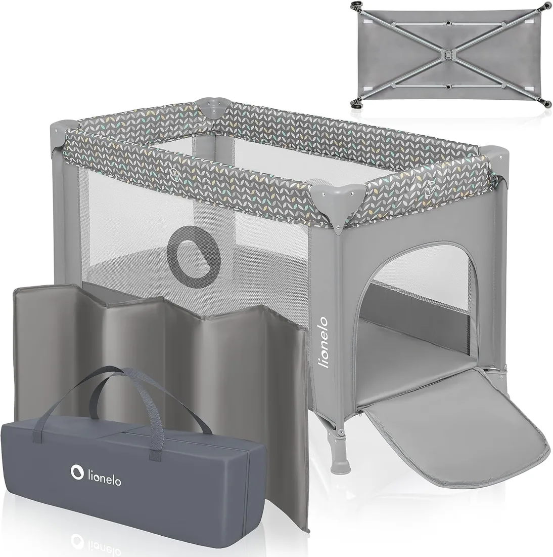 Lionelo Stefi Cuna de Viaje para Bebé Apertura Lateral, Colchoneta 120x60 cm, Sistema LockGuard, Lados de Malla Transpirable, Bolsa de Transporte Incluida